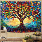 Lunerfex Tree of Life Tapestry Stained Glass Tapestry Wall Decor Tapestries for Bedroom Art Tapestries Wall Hanging for Bedroom Living Room Glass-Tree-01 44"x60"