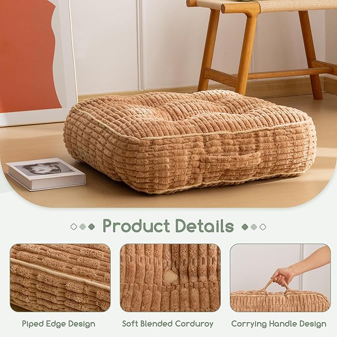 6" Washable Floor Pillow Cushion for Adults, Meditation Cushion Pillow, Removable Tufted Blended Corduroy Cover, Large Square Floor Sitting for Tatami Living Room or Yoga, 2Pack, Machine Washable
