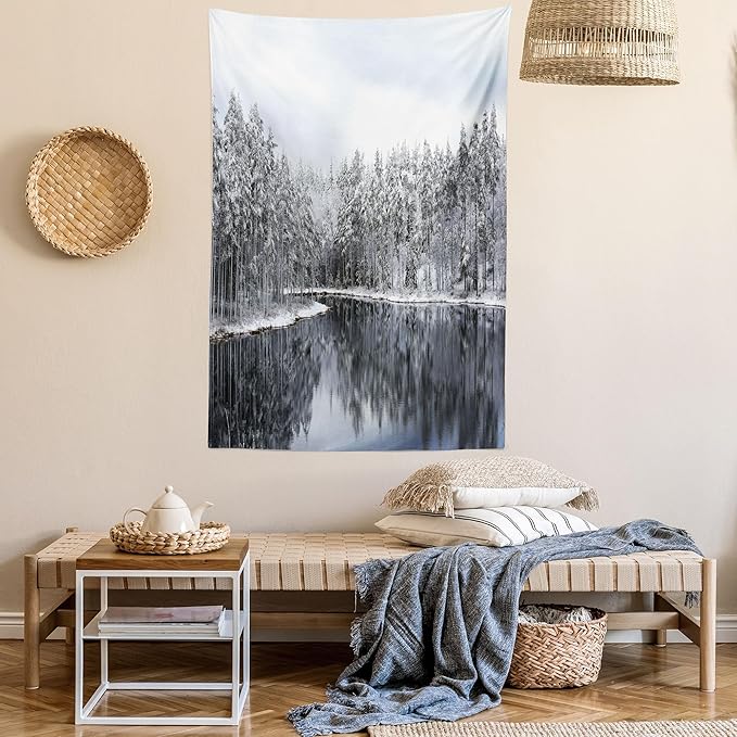 Ambesonne Woodland Tapestry, Lake Surrounded by Snow Covered Trees on a Cold Winter Day in Finland Reflections, Fabric Wall Hanging Decor for Bedroom Living Room Dorm, 30" X 45", White Brown