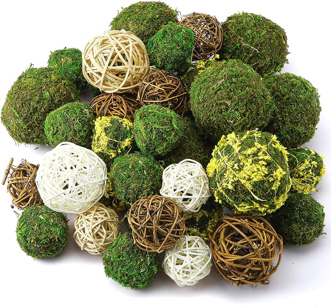 Yunsailing 36 Pcs Moss Decorative Balls for Centerpiece Bowls and Rattan Wicker Balls Handmade Moss Orbs Vase Filler for Garden Wedding Home Christmas Party Decoration(Retro Colors)