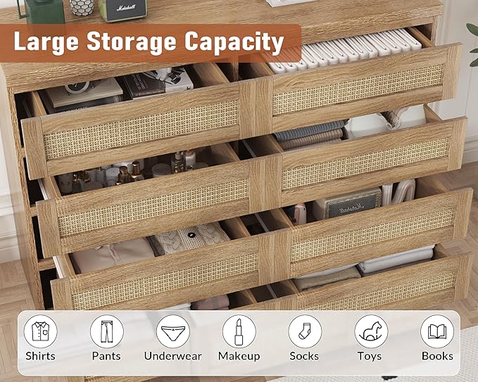 47 Inch Rattan 8 Drawer Dresser, Modern Farmhouse Chest of Drawers, Tv Stand Dresser Accent Furniture for Living Room, Bedroom, Entryway