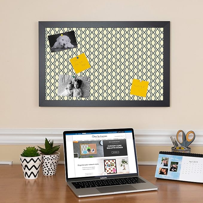 PinPix 28x20 Inch Cork Bulletin Board. This Decorative Framed Pin Board Comes with Yellow and Blue Waves Design and a Satin Black Frame. Ideal for Home Office Decor or Message Board (PinPix-321)