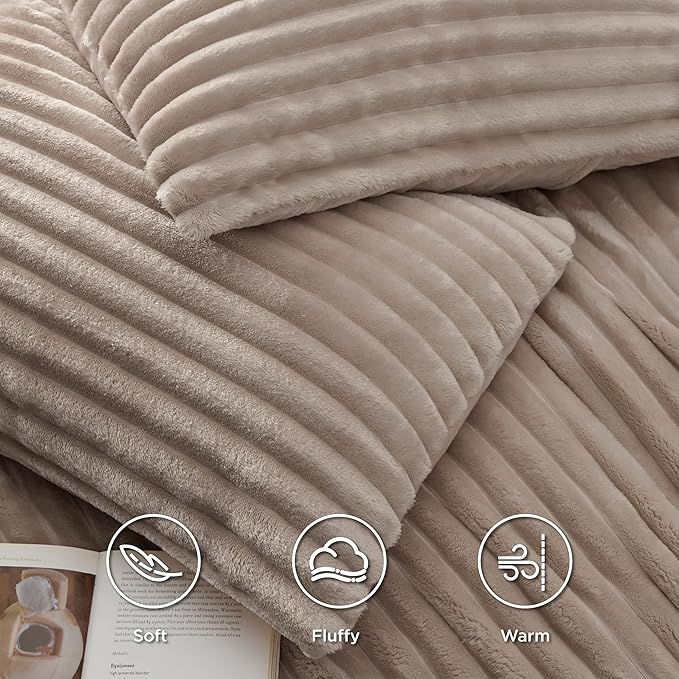 Bedsure Fluffy Duvet Cover Set - Ultra Soft Plush Shaggy Comforter Cover King Size, Warm Flannel Fleece Bed Sets for Winter, 3 Pieces (Striped Pattern, Khaki)