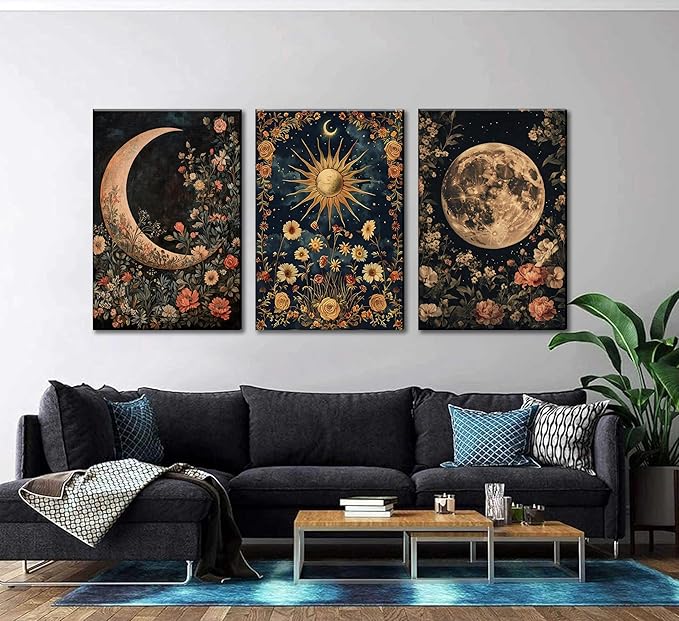 3Pcs Sun and Moon Celestial Canvas Wall Art Vintage Gothic Mystical Crescent Floral Plant Dark Academia Painting Picture Wall Decor Posters Print Artwork for Living Room Bedroom Decoration(24L" x 16W"-Canvas)