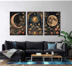 3Pcs Sun and Moon Celestial Canvas Wall Art Vintage Gothic Mystical Crescent Floral Plant Dark Academia Painting Picture Wall Decor Posters Print Artwork for Living Room Bedroom Decoration(24L" x 16W"-Canvas)