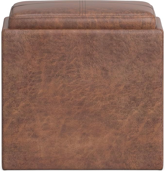 SIMPLIHOME Rockwood Cube Storage Ottoman with Tray - 17 inch Wide Upholstered Vegan Leather Square Storage Ottoman in Distressed Saddle Brown, Contemporary Cube Ottoman for Living Room with Tray