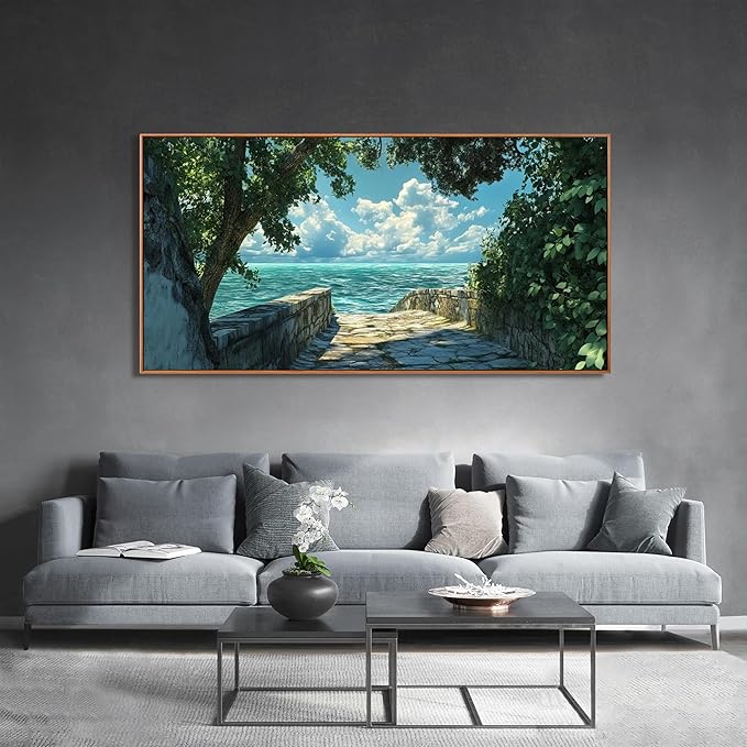 Canvas Wall Art Decor Wall Pictures for Living Room Artwork for Walls Large Landscape Natural Wall Art Decorations Framed Green Coastal Wall Art Prints Seaside Path Home Office Decor 29" x 58"