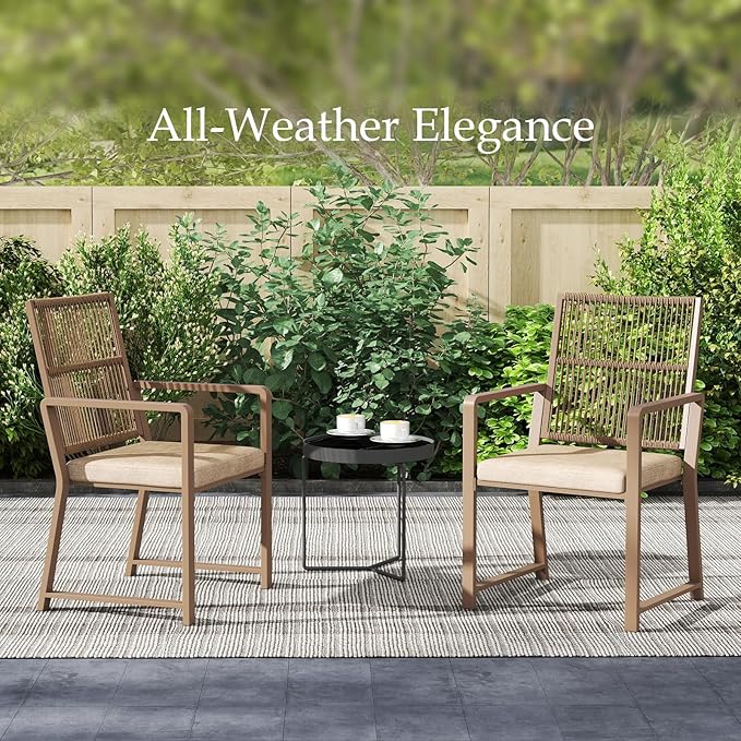 Aluminum Outdoor Patio Dining Chairs - Imitation Rope Vine Chair Ergonomic Backrest Design Detachable Seat Cushion Soft and Breathable Garden Porch Light Brown Set of 8