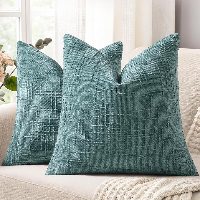 decorUhome Spring Teal Chenille Throw Pillow Covers 16x16 Set of 2 Textured Soft Cozy Slubby Couch Pillow Covers Modern Farmhouse Boho Decorative Pillow Cases for Bed Sofa Living Room