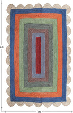 Scalloped Edge Rug, Hand Woven Natural Jute Area Rug, 4x6 Ft Beige & Multicolor Braided Sisal Kilim Rugs for Living Room, Kitchen, Entryway, Farmhouse