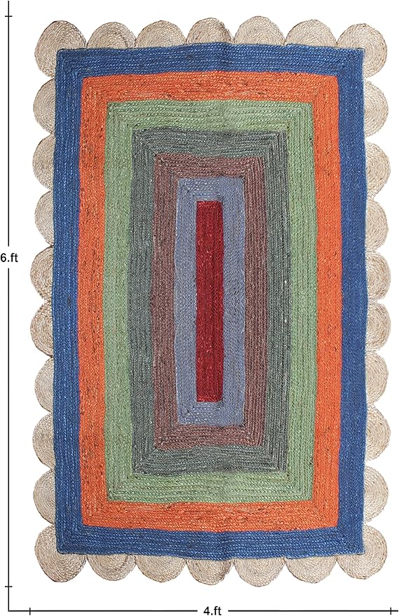 Scalloped Edge Rug, Hand Woven Natural Jute Area Rug, 6x8 Ft Beige & Multicolor Braided Sisal Kilim Rugs for Living Room, Kitchen, Entryway, Farmhouse