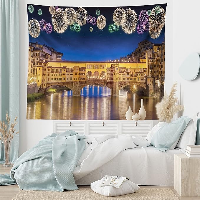 Ambesonne Landscape Tapestry King Size, Night Panoramic View Vecchio Bridge Florence Italy Colorful Fireworks, Wall Hanging Bedspread Bed Cover Wall Decor, 104" X 88", Purple Yellow