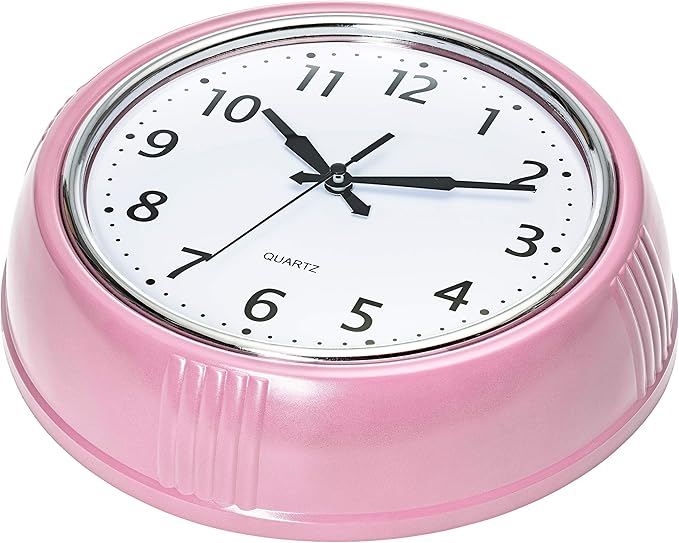 Bernhard Products Retro Wall Clock 12 Inch Pink Kitchen 50's Vintage Design Round Silent Non Ticking Battery Operated Quality Quartz for Home Office Baby Nursery Girls Room Classroom, Easy to Read