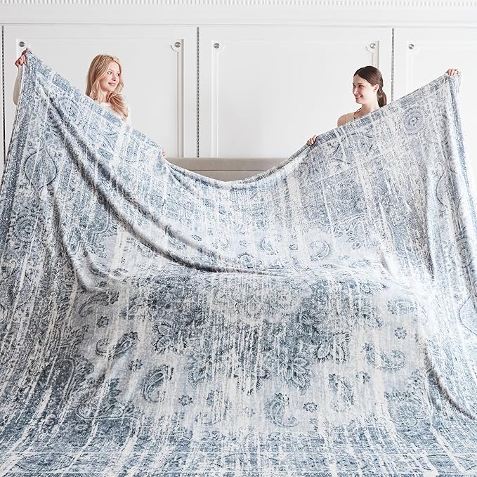 Oversized Vintage Pattern Blanket 120x120 Inches, Giant 10'x10' for Bed, Travel, and Camping, Extra Large Soft Blanket for The Whole Family and Outdoor, Light Grey