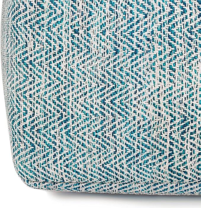 SIMPLIHOME Nate Square Pouf - 20 inch Wide Upholstered Handwoven Cotton Ottoman in Patterned Teal Melange, Boho Footstool or Extra Seating for Living Room with Artisanal Texture, Assembled
