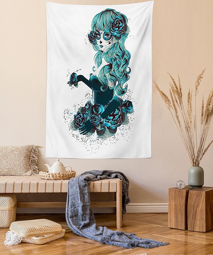 Ambesonne Skull Tapestry, Vintage Sugar Shape Girl Day of the Dead Bride Dark Color Roses Graphic, Fabric Wall Hanging Decor for Bedroom Living Room Dorm, 23" X 28", Petrol Blue White