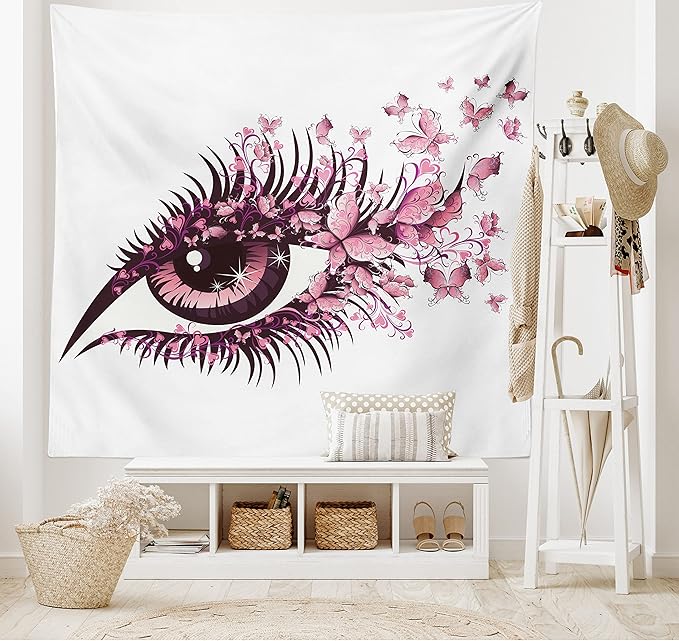 Ambesonne Butterflies Tapestry King Size, Female Eye Eyelashes Mascara Stare Party Makeup Animal Print, Wall Hanging Bedspread Bed Cover Wall Decor, 104" X 88", Pale Pink Purple