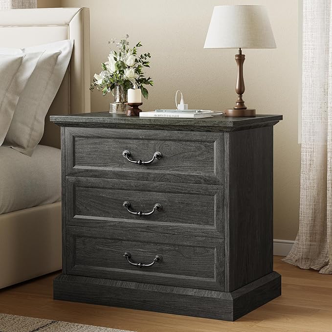 Huuger Nightstand with Charging Station, 3 Drawer Night Stand, 22 Inch Wider Side Table with Storage, Farmhouse Nightstand with Vintage Handles, Thicken Base, for Bedroom, Black