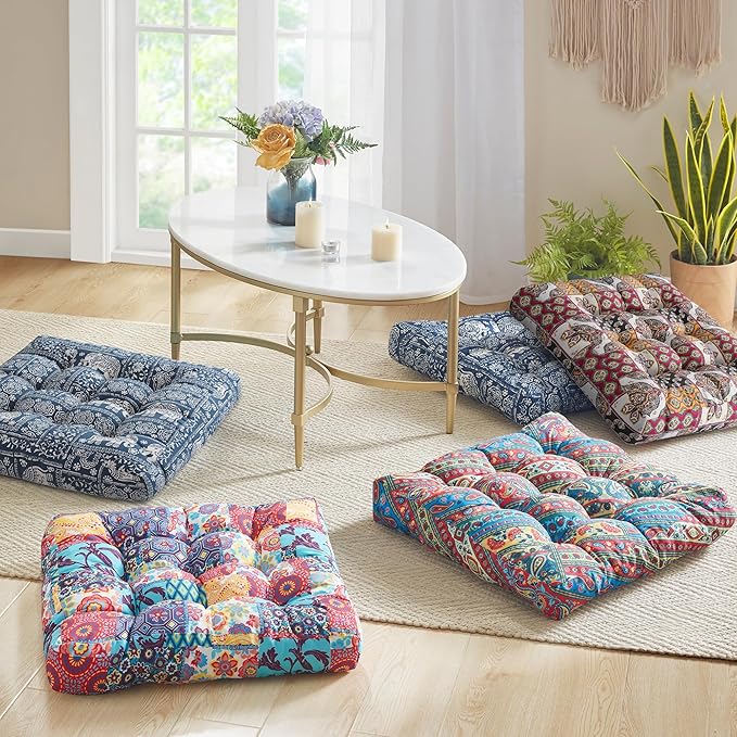 Codi Boho Floor Pillow, Large Meditation Cushion for Adults, Square Pillows Seating for Yoga Living Room Tatami Sitting Home Decor, Memory Foam Added, 22x22 Inch, Multi Patchwork