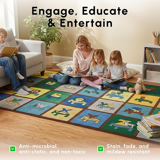 SAFECASTLE My ABC Place Earth Tone Alphabet Rug for Kids, 6'6" x 8'4", Educational Classroom Kids Carpet with Letters & Animals, Preschool Learning Area Rug for Daycare, Homeschool & Playroom