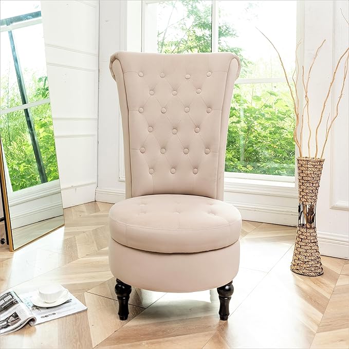 Royal High-Back Velvet Accent Chair for Vanity with Storage and Luxurious Upholstery, Retro Design and Versatile Usage for Living Room, Bedroom, Lounge and Office, Ivory