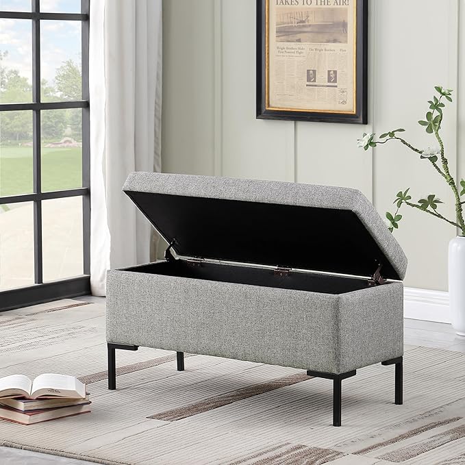 HomePop Upholstered Storage Bench with Metal Leg, 32" W, Gray Fabric