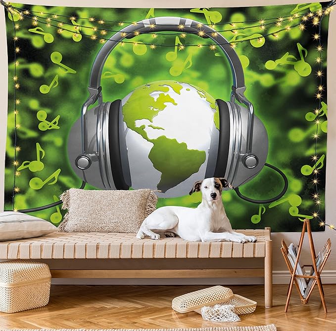 Ambesonne World Tapestry, World of Music Themed Composition DJ Headphones Musical Notes and Earth Globe, Wide Wall Hanging for Bedroom Living Room Dorm, 80" X 60", Lime Green Grey