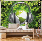 Ambesonne World Tapestry Twin Size, World of Music Themed Composition DJ Headphones Musical Notes and Earth Globe, Wall Hanging Bedspread Bed Cover Wall Decor, 68" X 88", Lime Green Grey