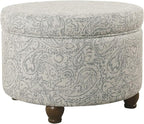 Homepop Home Decor | Upholstered Round Storage Ottoman | Ottoman with Storage for Living Room & Bedroom, Gray Floral