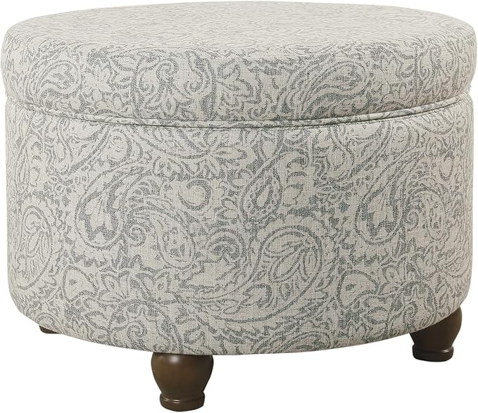 Homepop Home Decor | Upholstered Round Storage Ottoman | Ottoman with Storage for Living Room & Bedroom, Gray Floral
