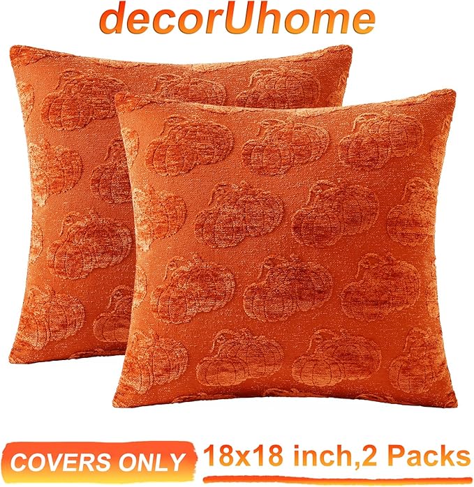 decorUhome Decorative Two Rust Pumpkins Thanksgiving Throw Pillow Covers 18x18 Set of 2, Soft Chenille Jacquard Farmhouse Textured Pillow Covers for Couch Bed Sofa Autumn Harvest Halloween Holiday