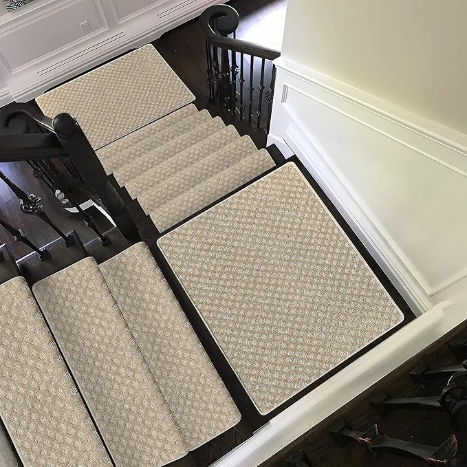 PURE ERA Bullnose Carpet Stair Treads Tape Free Non-Slip Indoor Stair Protectors Pet Friendly Stair Treads for Wooden Steps 9.5" x 30"(7 Pieces,Cream Gray Mini-Diamond Trellis)