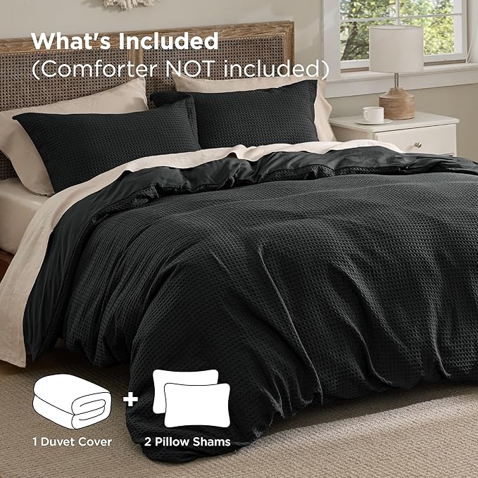Bedsure Luxury Waffle Duvet Cover King Size - Textured Duvet Cover Set, Soft, Breathable Bedding Set (104"x90") with 2 Pillow Shams for All Season, Black, Comforter Not Included