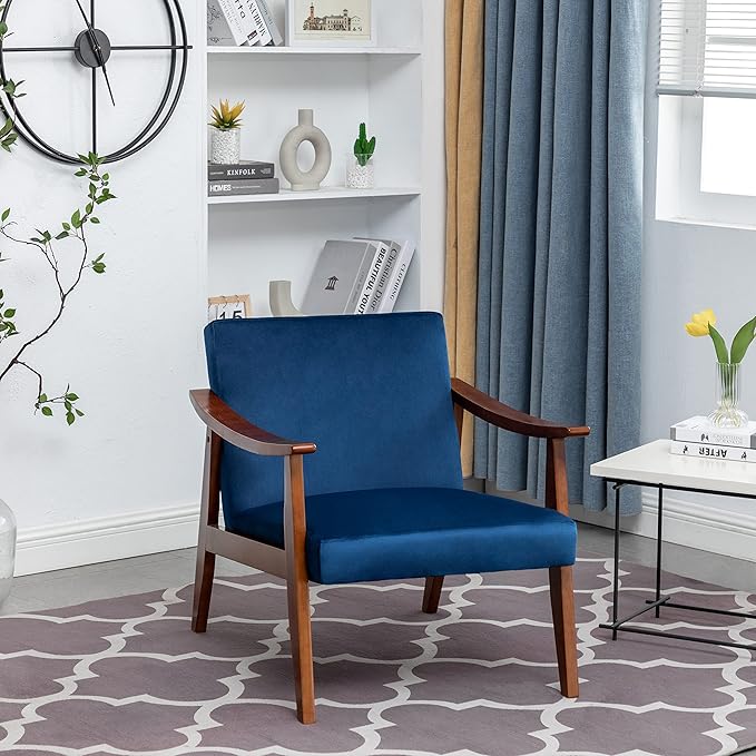 Accent Chair with Velvet Upholstery and Solid Wood Frame, Classic Mid-Century Modern Living Room Furniture for Extra Seating, Dark Blue