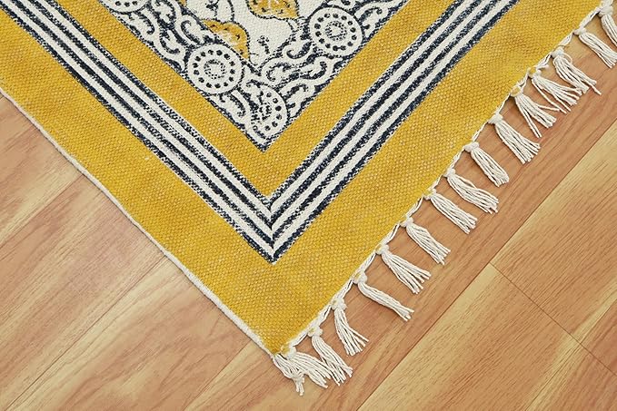 Area Rug 3' Square Rug Yellow & Beige Cotton Dhurrie Oriental Thick 0.19 inches Stone Easy Washable Rug Hand Wash Cotton Carpet Flatweave Rug Indoor Outdoor Rugs for Kitchen, Bedside, Enterway