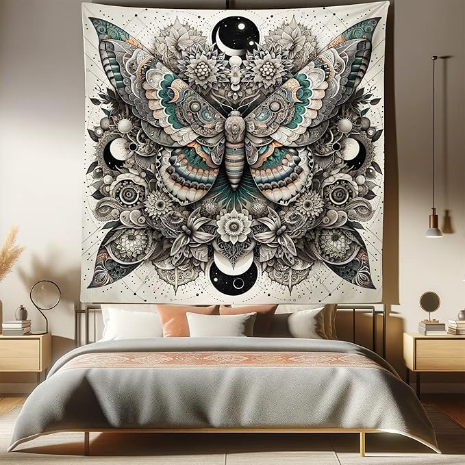 Ambesonne Mandala Tapestry Queen Size, Medieval Esotery Inspired Oriental Moth with Floral Details Witchcore, Wall Hanging Bedspread Bed Cover Wall Decor, 88" X 88", Grey Yellow Green Sepia