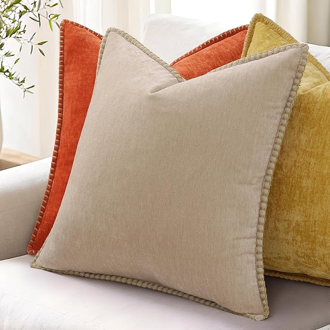 decorUhome Spring Chenille Soft Cozy Throw Pillow Covers 26x26 Set of 2, Modern Farmhouse Boho Velvet Decorative Euro Sham Pillow Cases with Stitched Edge for Couch Sofa Bed Home Decor, Beige