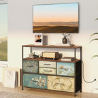 Tohomeor TV Stand with Power Oulet Dresser with Charging Station & LED Light Dresser with 6 Fabric Drawers for Living Room Storage Chest of Drawers Retro Dresser with Open Shelf Wooden Top