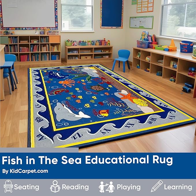 KIDCARPET.COM Fish in The Sea Rectangle Classroom Rug | Bordered Area Rug for Preschool Daycare Learning, 4' x 6'