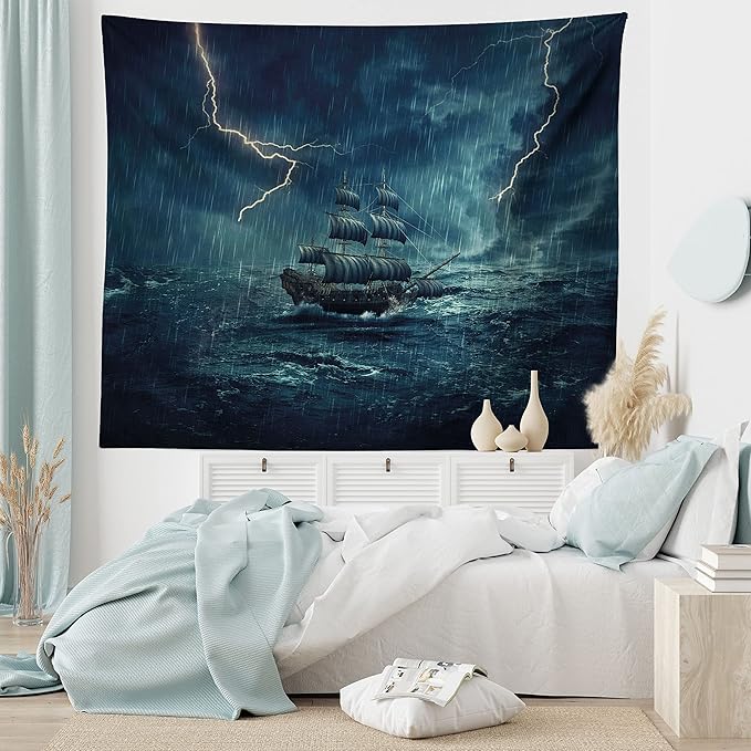 Ambesonne Landscape Tapestry King Size, Stormy and Rainy Weather Waves Vintage Ship Sailing Oil Paint, Wall Hanging Bedspread Bed Cover Wall Decor, 104" X 88", Dark Cadet Blue White