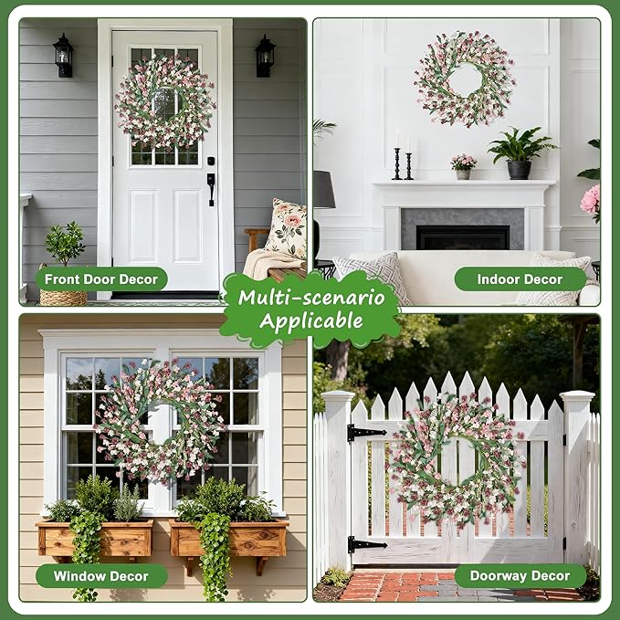 Wreaths for Front Door, 24 Inch Spring/Summer Front Door Wreath, Colorful Paper Flower Wreath for All Seasons for Indoor Home Wall Window Office Wedding Farmhouse Decor (Light Pink)