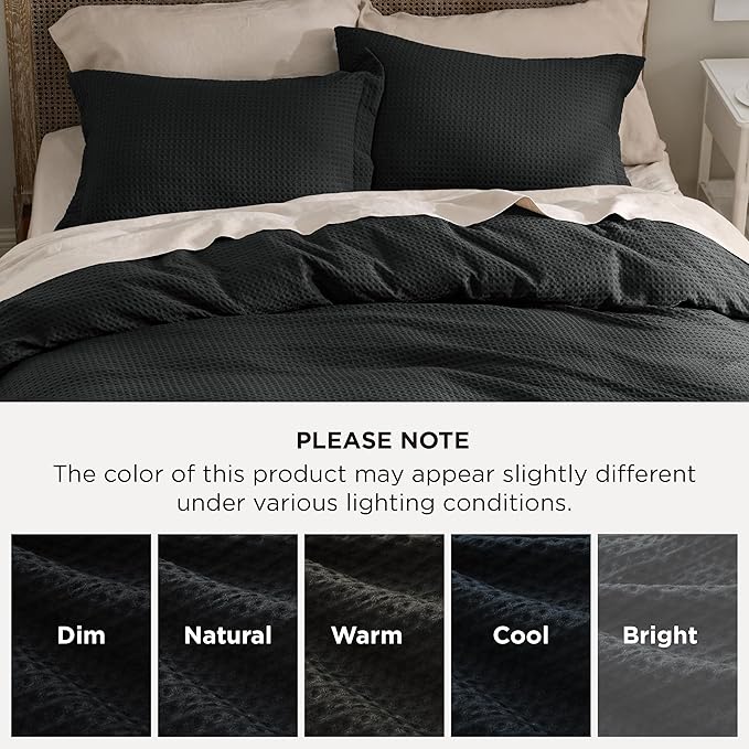 Bedsure Luxury Waffle Duvet Cover Queen Size - Textured Duvet Cover Set, Soft, Breathable Bedding Set (90"x90") with 2 Pillow Shams for All Season, Black, Comforter Not Included