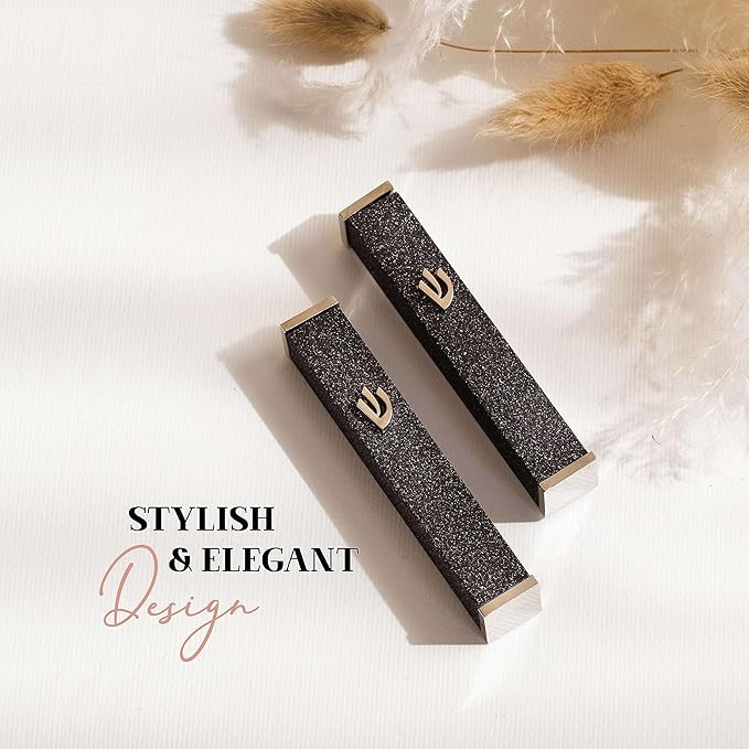 SURI Jewish Door Mezuzah – 3.8 Inch Sparkling Dark Aluminum Mezuza Holder with Printed Scroll, for Indoor or Outdoor Entry, Fits a 3 Inch Scroll, Self-Stick Adhesive