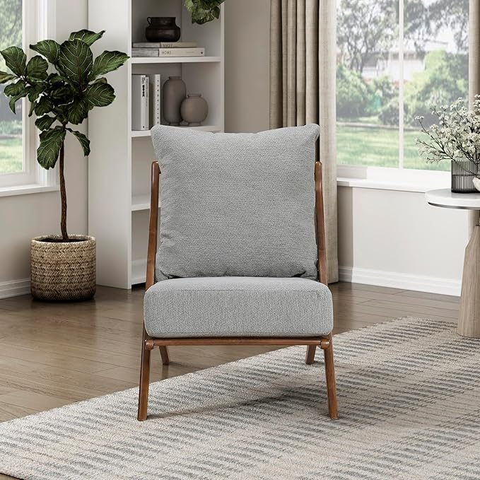 Lexicon Modern Accent Chair, Pascal Brown Solid Rubberwood Frame, Woven Chenille Upholstered Armless Chair with Reversible Cushions and Removable Covers, for Living Room, Bedroom and Office, Grey