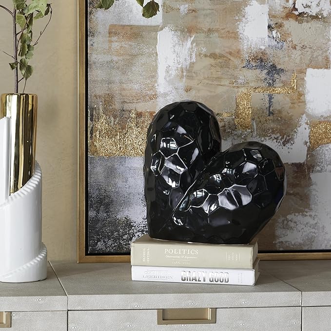 Deco 79 Porcelain Ceramic Heart Decorative Sculpture Dimensional Angled Origami Inspired Home Decor Statue, Accent Figurine 12" x 6" x 11", Black