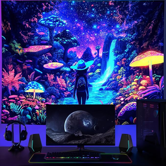 Blacklight Tapestry Girl Adventurer Tapestries Fantasy Forest Mushroom Trippy Starry Sky Cool Wall Hanging Neon Nature Plant Decor for Bedroom 79X59in