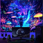 Blacklight Tapestry Girl Adventurer Tapestries Fantasy Forest Mushroom Trippy Starry Sky Cool Wall Hanging Neon Nature Plant Decor for Bedroom 79X59in