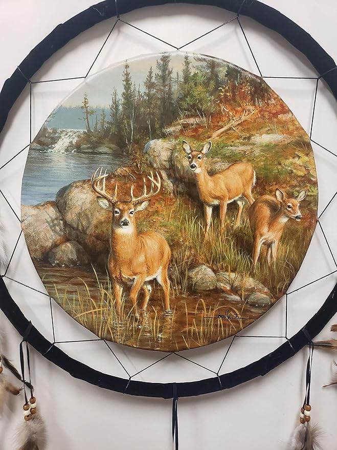 Kinnex Collections Dream Catcher from 24" Dream Catchers – Native American Dream Catcher – Made with Wooden Beads and Real Feathers – Decor / Gift DC24339 (3 Deer)