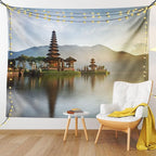 Ambesonne Balinese Tapestry, Pura Ulun Danu Building Panorama Sunrise on Lake Bratan Bali Indonesia Waterscape, Fabric Wall Hanging Decor for Bedroom Living Room Dorm, 23" X 28", Beige Brown