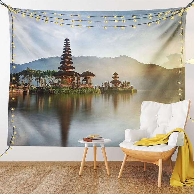 Ambesonne Balinese Tapestry Queen Size, Pura Ulun Danu Building Panorama Sunrise on Lake Bratan Bali Indonesia Waterscape, Wall Hanging Bedspread Bed Cover Wall Decor, 88" X 88", Beige Brown